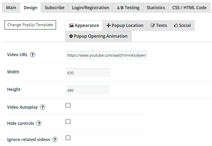 Video template in WordPress Popup plugin