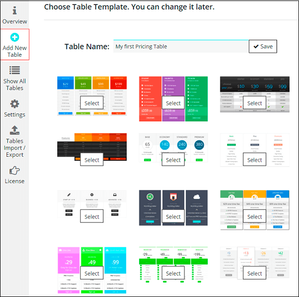 Creation of table in WordPress Pricing Table