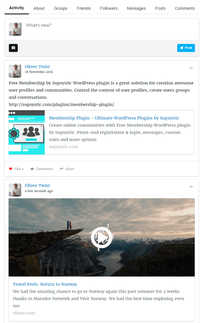 Activity tab of Membership profile